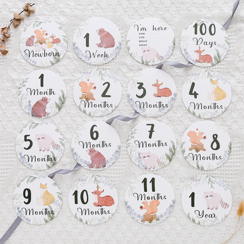 Newborn Baby Growth Milestones 0-12 Months Paper Card Photo Accessory Cartoon Animal Pictures Souvenir Props Baby's Birth Gift