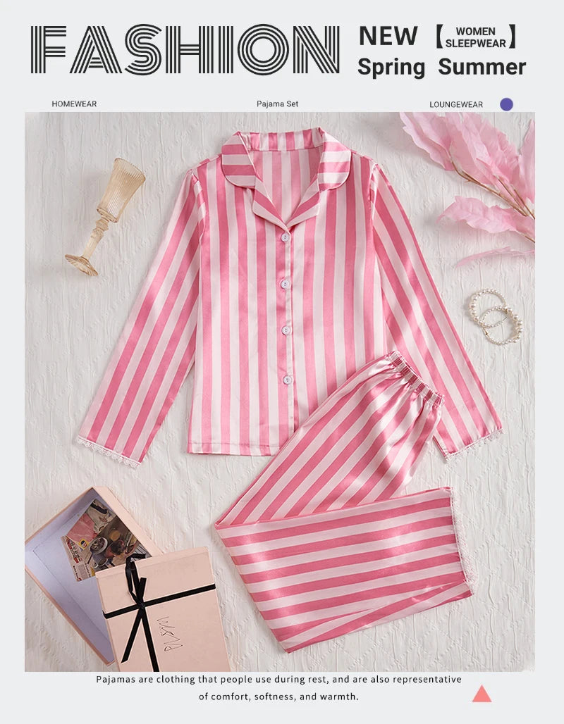 Women's sleepwear two piece set spring autumn satin long sleeved top long pants two piece set casual  comfortable home suit set