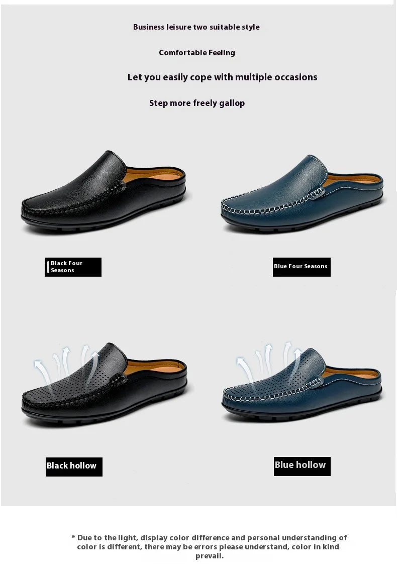 Closed Toe Half Shoes for Men Black Blue Mules Slippers Slip on Genuine Cowhide Leather Luxury Flat Sandals Man Summer 2025