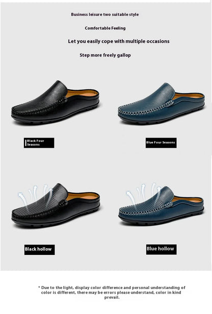 Closed Toe Half Shoes for Men Black Blue Mules Slippers Slip on Genuine Cowhide Leather Luxury Flat Sandals Man Summer 2025