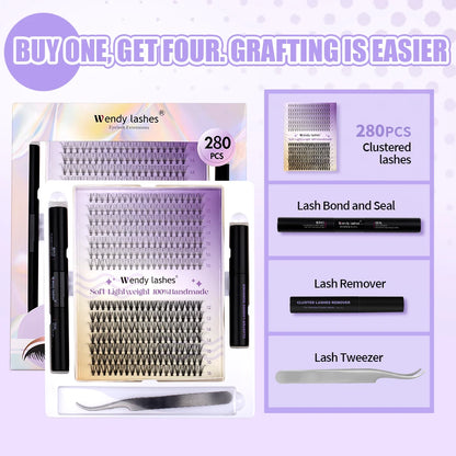 Wendy DIY Lash Extension Kit With 0.07 Thickness 280 PCS Lash Clusters Lash Bond And Seal Lash Glue Remover And Lash Tweezers