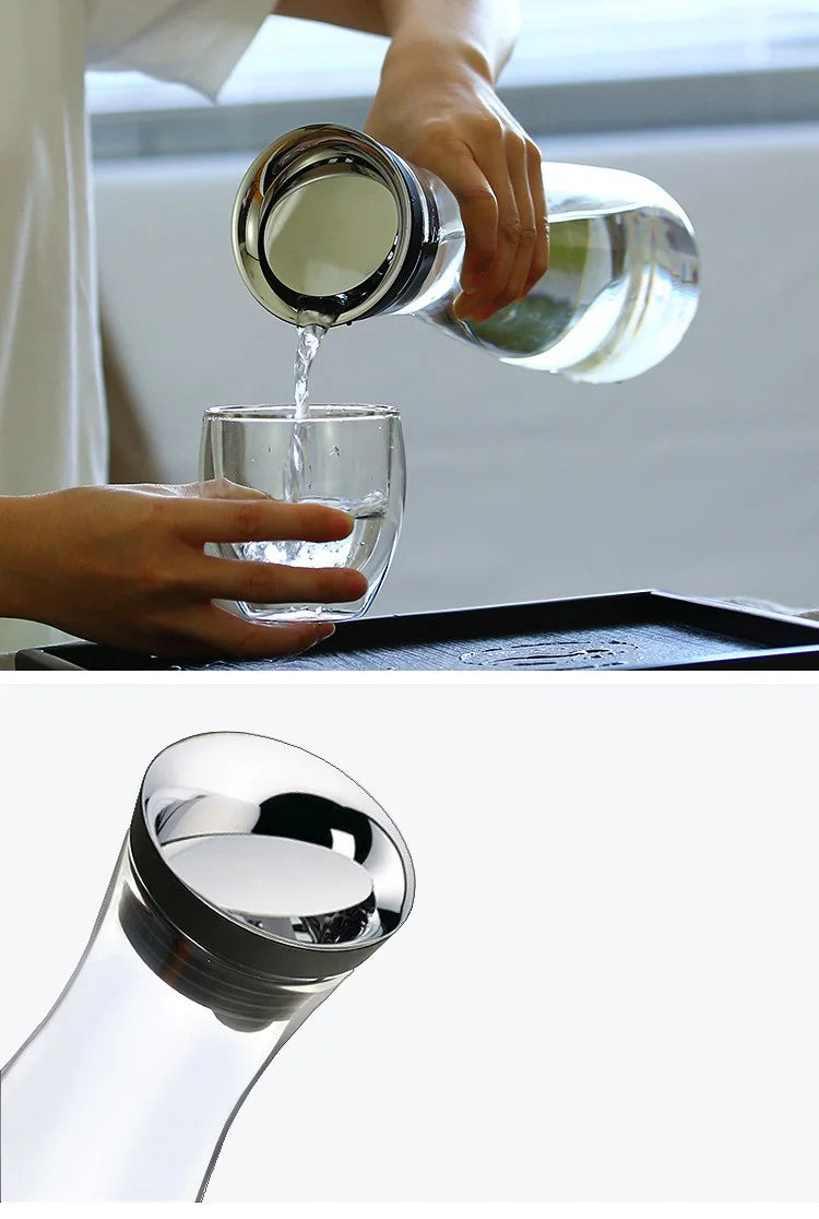 Water Bottle 1.8L High Borosilicate Glass Bottle Basic Tilting  Stainless Steel Lid Closure Jug  Hot and Cold Juice Beverage Tea