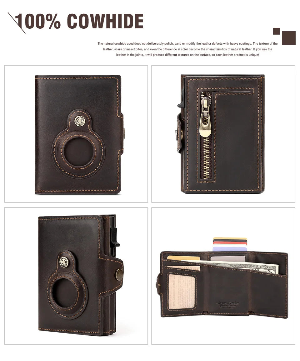 Cowhide Leather Men's Wallet RFID Blocking Protect Cardholder Automatic Card Case for Women with Apple AirTag Holder