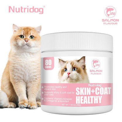 Skin & Coat Cat Chews - Omega 3, Vitamin E, Biotin Supplements for Healthy Skin, Glossy Coat & Anti - Shedding, Salmon Flavor