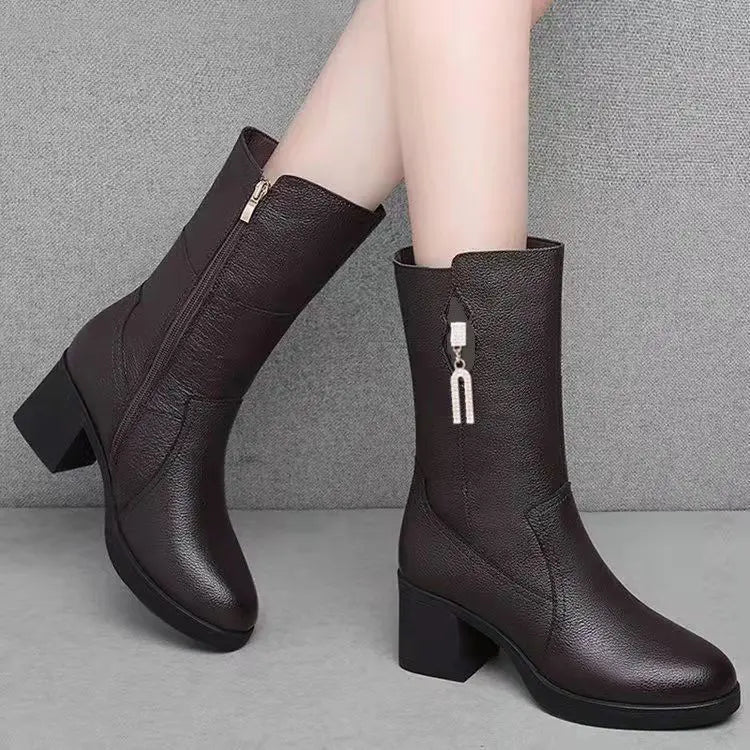 Footwear Half High Women's Boots Middle Heel Shoes for Woman Black Rhinestone Mid Calf Fashion 2024 Designer Luxury Goth Pu Boot
