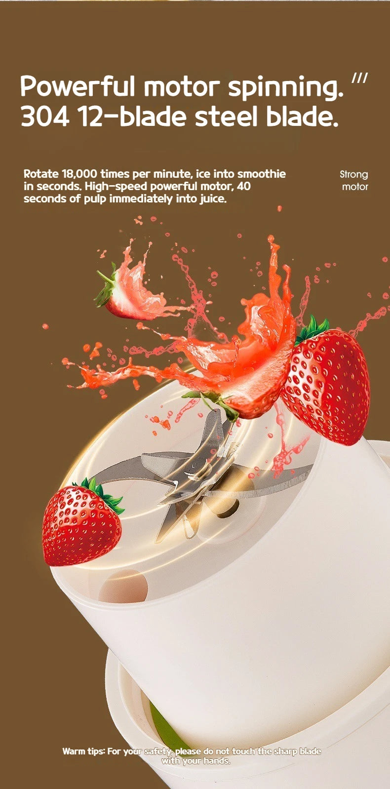 Portable Electric Blender Cup for Smoothies, Shaved Ice, and Juices - 12-Blade Stainless Steel with Wireless Charging Function