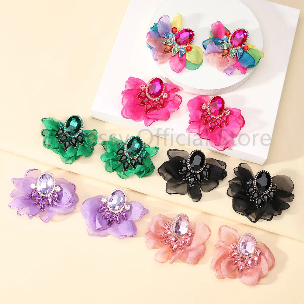 Bohemian Fabric Flower Earrings for Women Imitation Gemstone Floral Large Earrings Party Prom Beach Vacation Jewelry Accessories