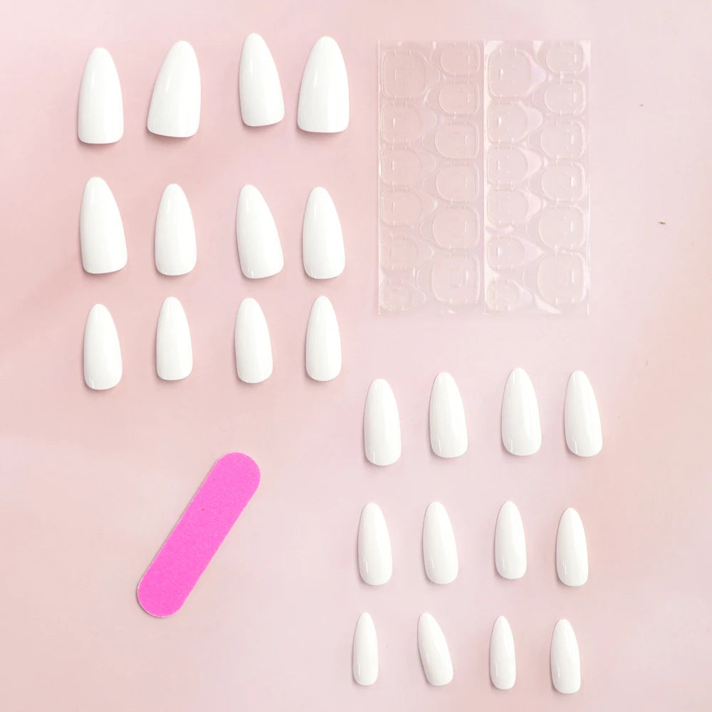 96PCS/4SET Medium Stiletto White Red Black Press On Nails Full Cover Fake Nail Set Press On Nails Cheap Nails Solid Color Nails