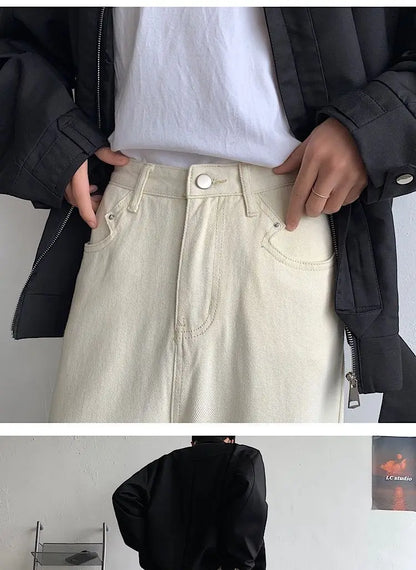 Baggy Beige Jeans Men Fashion Casual Oversized Wide Leg Jeans Men Streetwear Korean Loose Straight Denim Pants Mens Trousers