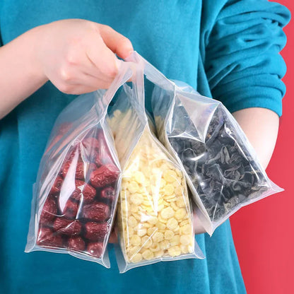 500Pcs/Lot Wide Mouth Transparent Resealed Ziplock Stand Up Pouches Reusable Snack Nut Bean Rice Grains Food Bag with Handle