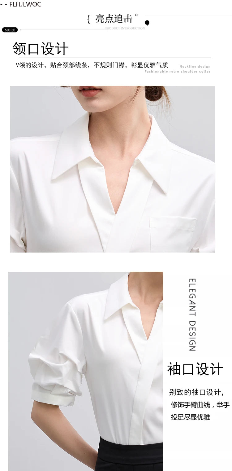 Office Lady Basics Fashion White Shirts New Women Summer Work Solid V Neck Tops Blouses French Design Interview Shirt Cotton