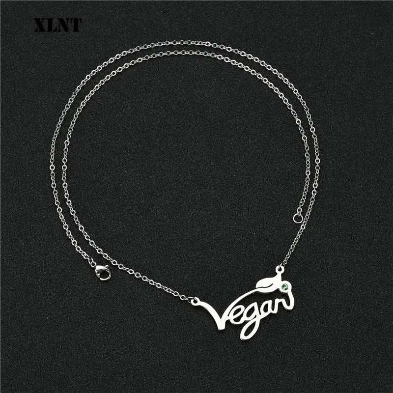 XLNT Silver Gold Rose Vegan Necklace Letters Vegan Pendant Vegetarian Choker Vegan Jewelry Gift for Vegetarian People