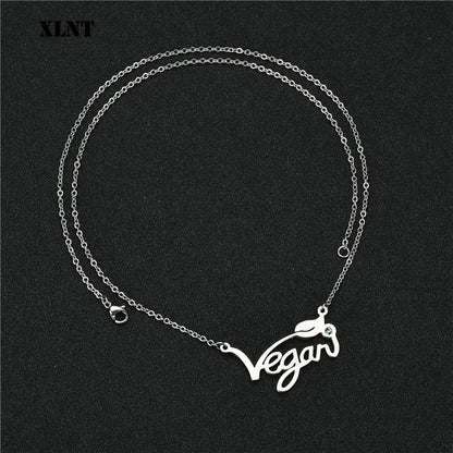 XLNT Silver Gold Rose Vegan Necklace Letters Vegan Pendant Vegetarian Choker Vegan Jewelry Gift for Vegetarian People