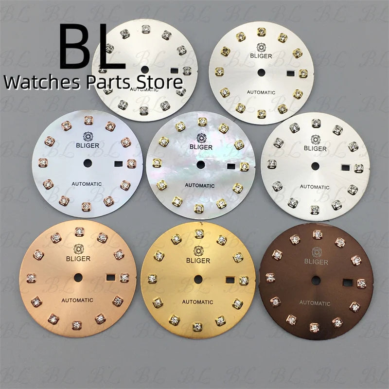 BLIGER 24.5mm Watch Dial Hand Set Sunburst Gray Rose White Mother Pearl Dial Roman Diamond Index Fit NH05 Movement Women Watches