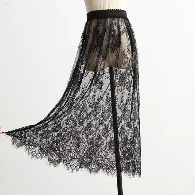 Transparent Sexy Lace Mesh Skirt Elastic High Waist Black White Tulle  Mini Skirts Womens Skirt  Korean Fashion
