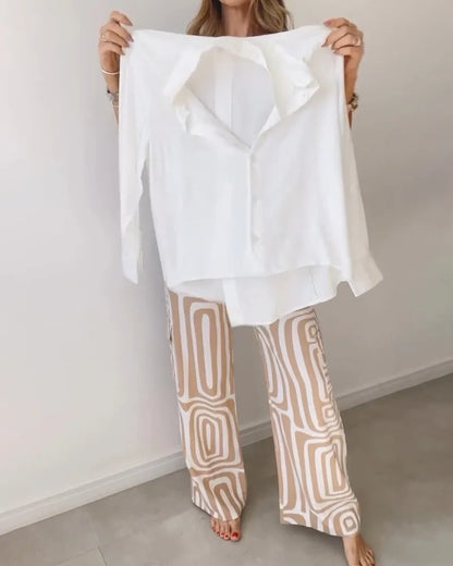 Elegant Office Lady Casual Suit Fashion Solid Long Sleeve Lapel Shirt Elastic Waist Print Trousers Two Piece Set 2024 Autumn New