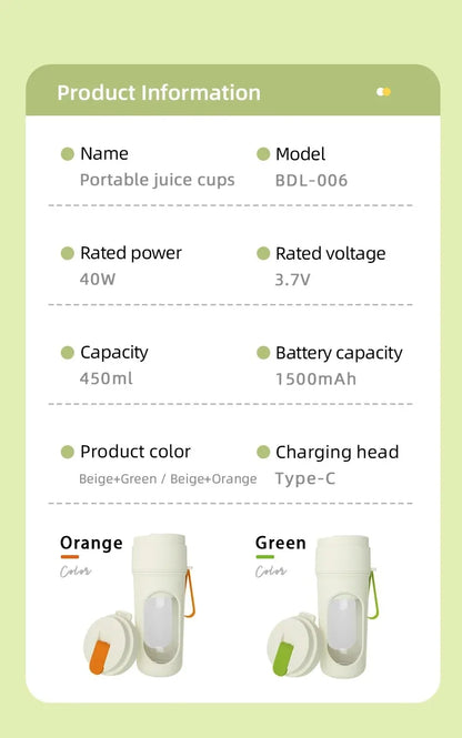 Electric portable blender, 12-blade 400ML juicer, fruit blender, USB rechargeable smoothie juicer, milkshake juicer