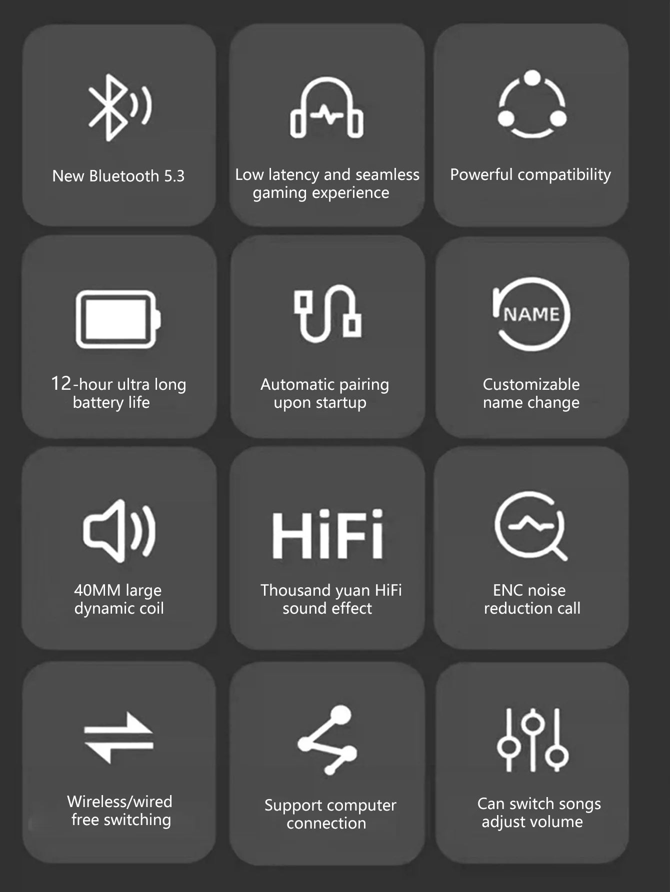 Jerry 5.3 Headset wireless headset, HIFI360° panoramic sound, rotary switch button, esports gaming wireless headset