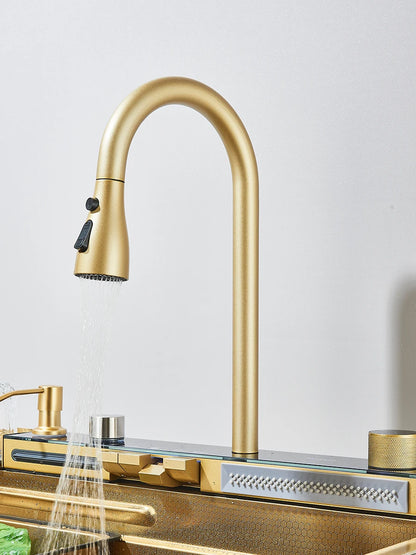 304 Stainless Steel Waterfall Kitchen Sink Large Single Slot Integrated Digital Display Faucet Set Soap Dispenser Cup Washer