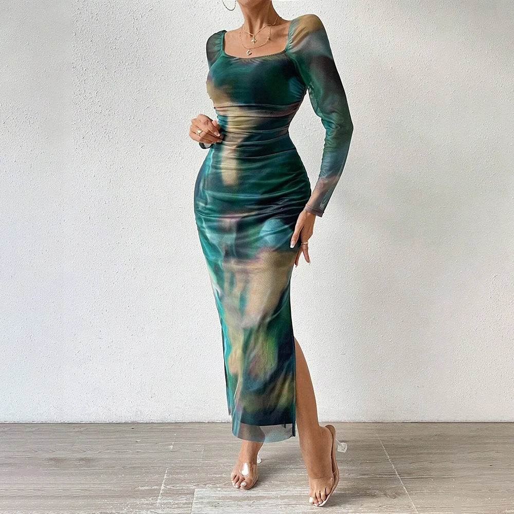 Mia Muse Autumn Winter Women's Dresses Fashion Fitting Slim Gradient Color Long Sleeve Scoop Neck Maxi Dresses