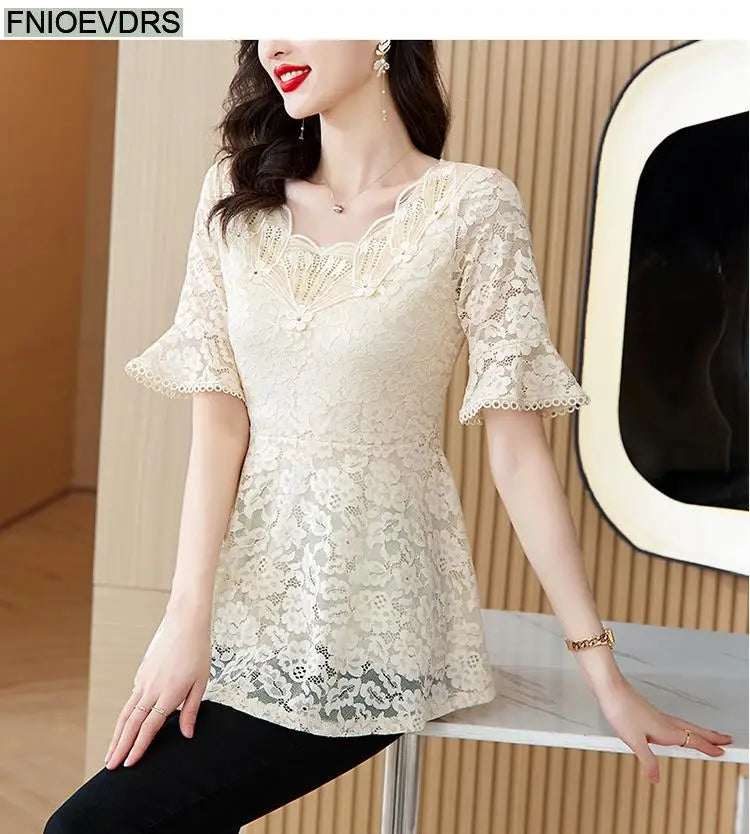 Office Shirts Basic Wear New Design 2025 Women Elegant Fashion Work Lady Bling Beaded Flare Sleeve Lace Tops Blouses