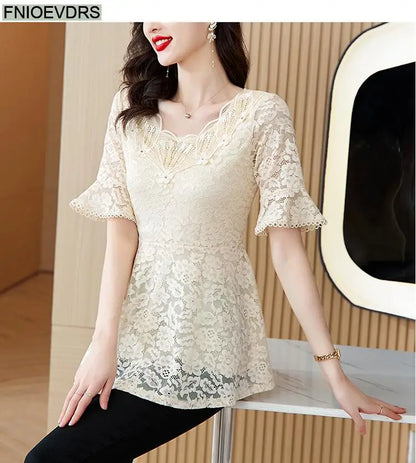 Office Shirts Basic Wear New Design 2025 Women Elegant Fashion Work Lady Bling Beaded Flare Sleeve Lace Tops Blouses