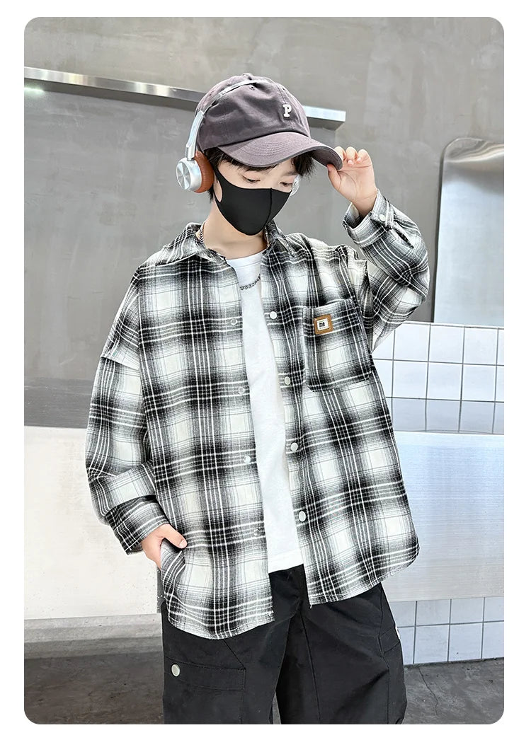 Baby Boys Shirts Fashion Classical Black White Color Plaid Blouse Gentlemen's Long Sleeve Shirt Teen Kids Tops Boys Clothes 5-14