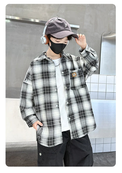 Baby Boys Shirts Fashion Classical Black White Color Plaid Blouse Gentlemen's Long Sleeve Shirt Teen Kids Tops Boys Clothes 5-14