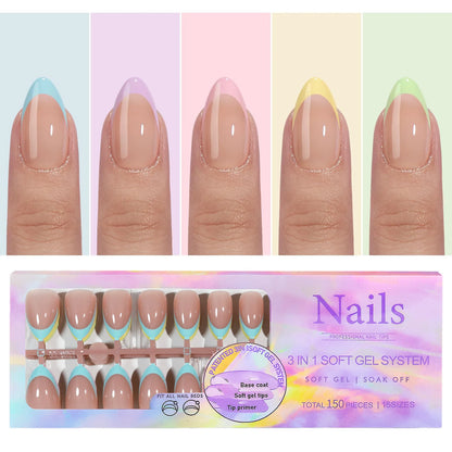 150pcs 6 Colors Fake Nail Multi-size False Nail Press On Acrylic Nails Almond French Wearing Armor Removable Convenient