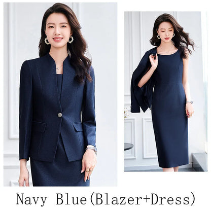 Office Suit Women Collarless Blazer + Vest Dress Set Executive Lady Workwear Elegant 2 Piece Set Long Sleeve Pink Suit Jacket