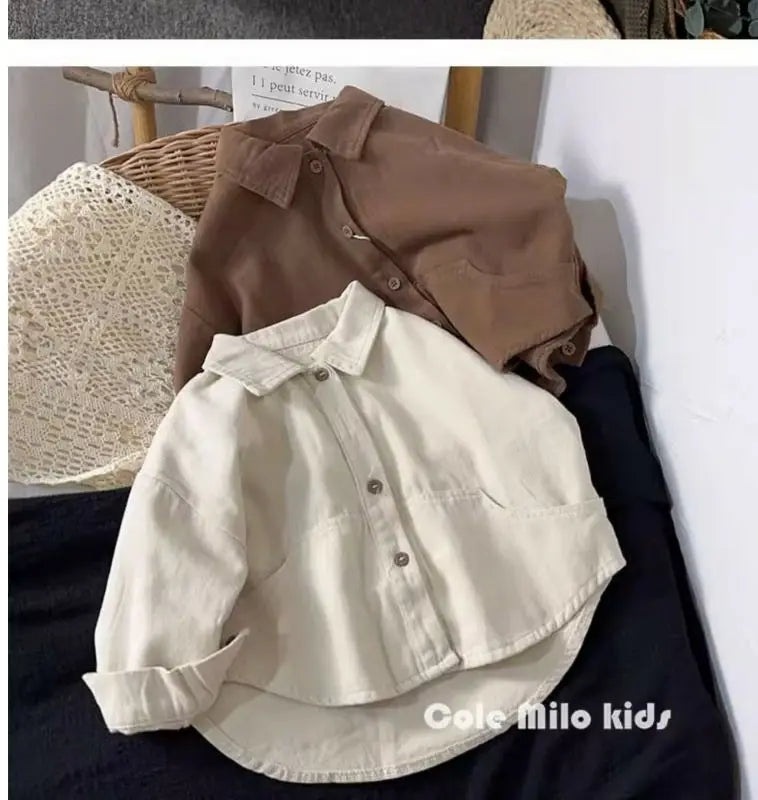 Boys' Shirt Spring and Autumn New Girls' Cotton Long sleeved Shirt Baby Solid Color Top Children's Cardigan