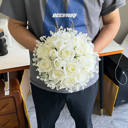 Bridal Bouquet Wedding Flowers Bridesmaids Silk Roses Fake Babys Breath Bride Wedding Accessories Table Centerpiece Decoration