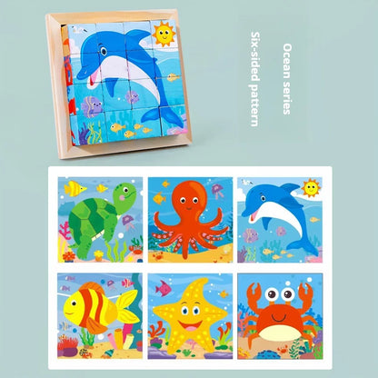 Six Sides Painted Wooden Puzzle Three-Dimensional Traffic Animal Puzzle Building Blocks Early Education Educational Toy