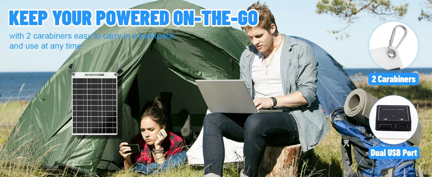 Portable solar power bank with two USB ports, suitable for outdoor camping, charging mobile phones or other electronic devices.