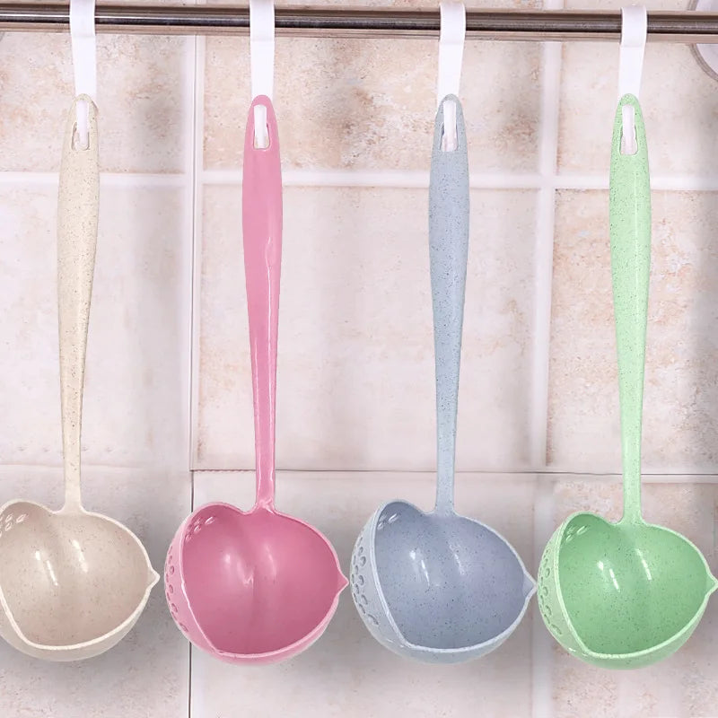 2 in 1 Creative Soup Spoon Long Handle Spoon Creative Spoon Strainer Spoon Cooking Tools Kitchen Wheat Straw Soup Spoon