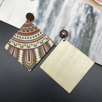 Bohemian Ethnic Big Colorful Painted Wooden Earrings for Women Creative Design Geometric Statement Dangle Earring Female Jewelry