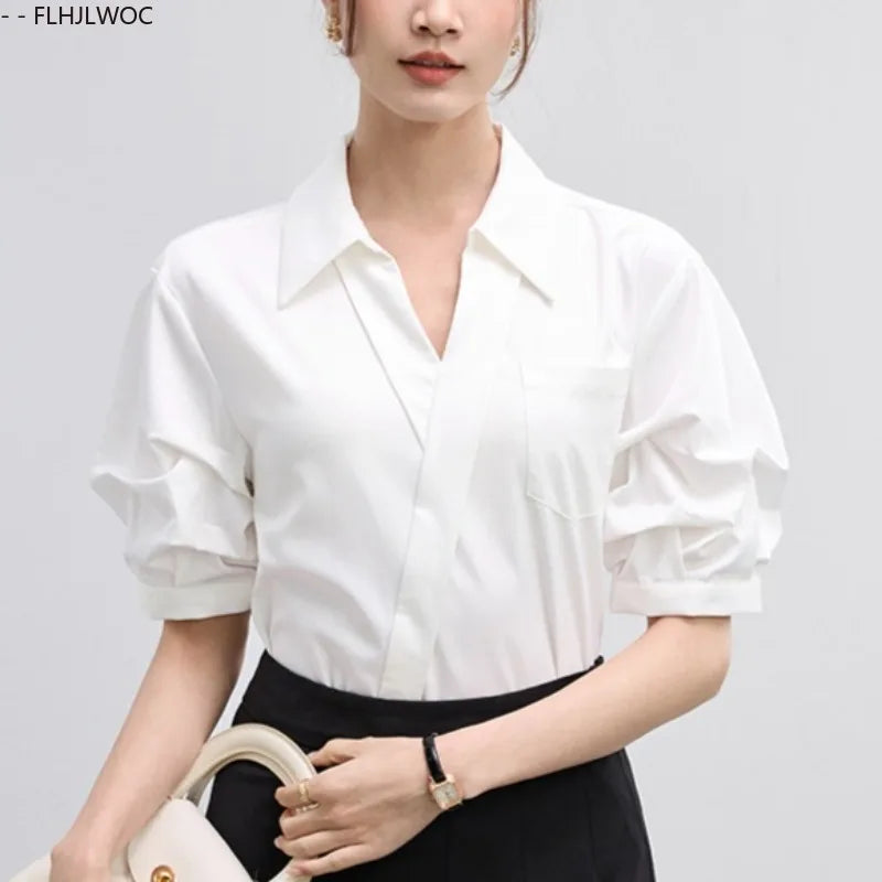 Office Lady Basics Fashion White Shirts New Women Summer Work Solid V Neck Tops Blouses French Design Interview Shirt Cotton