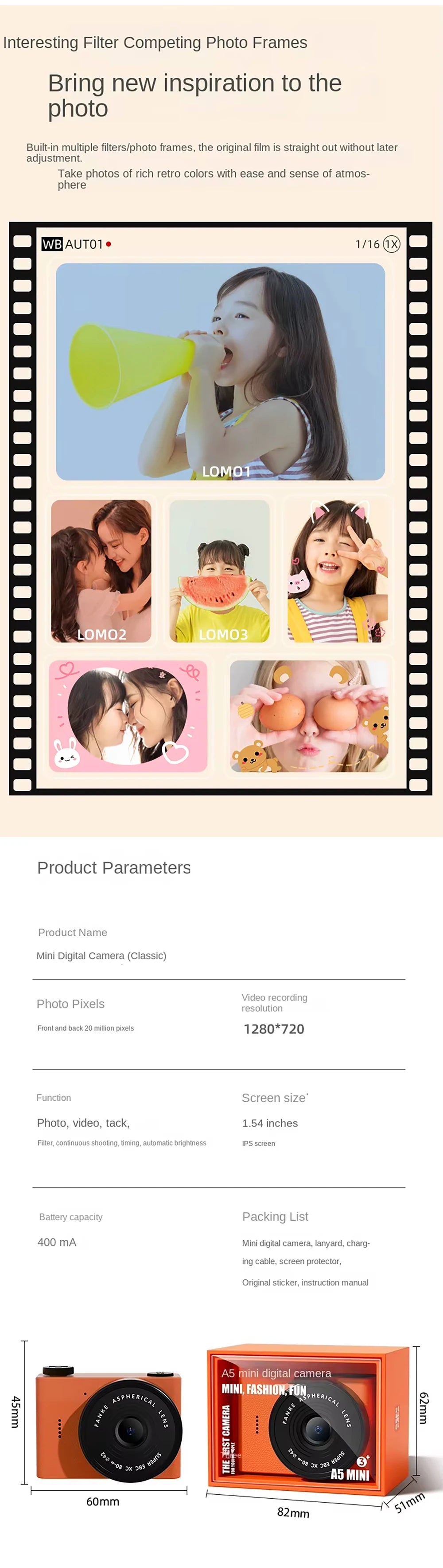 A5 Mini Camera With 1.54in Screen Vintage Camera Front Rear Camera Kids Camera Indoor Home Support TF Card Kids Vlog Camera