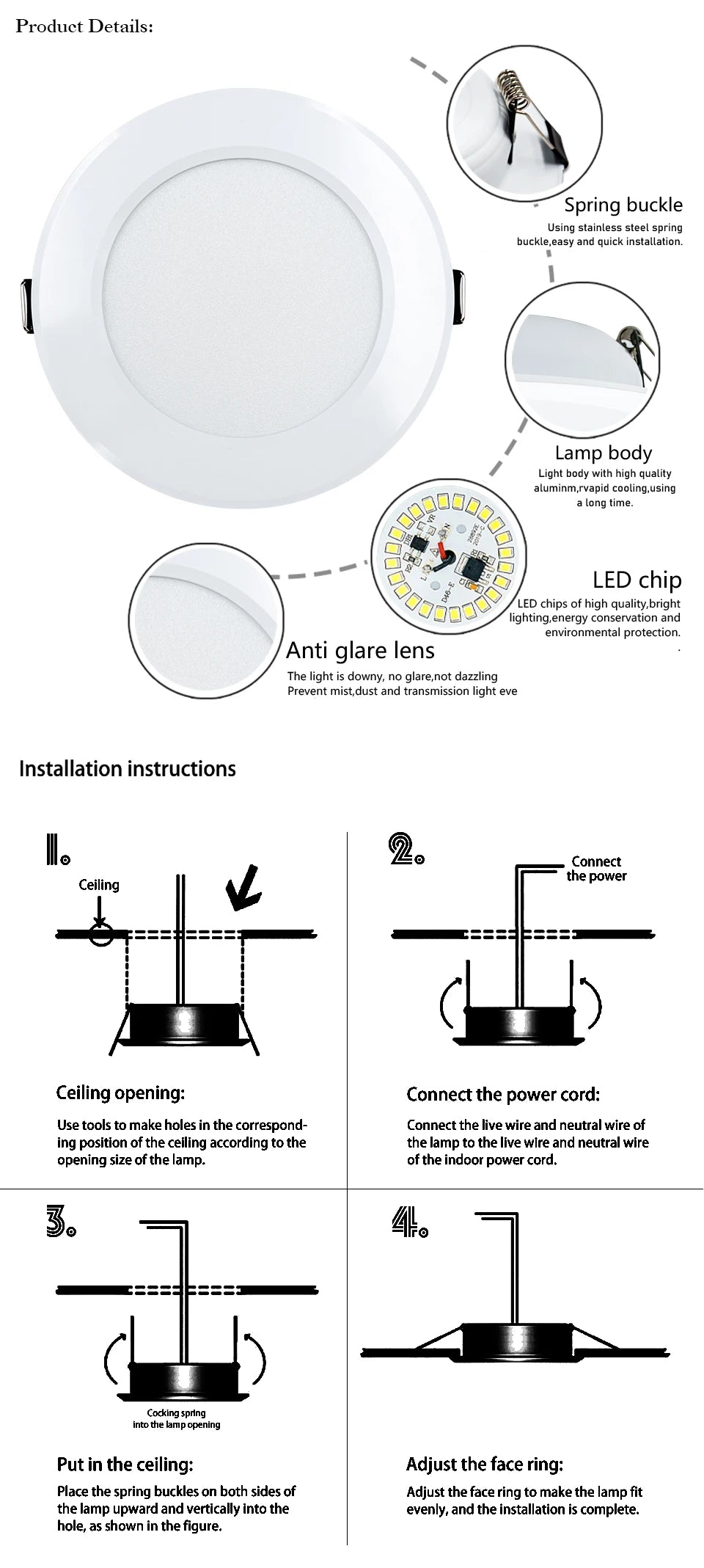LED Downlight 5W 9W 12W 15W 18W Recessed Round Led Ceiling Lamp 110V 220V DC12V 24V Panel Lights Indoor Lighting Warm/Cold White