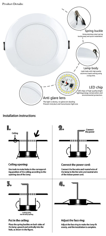 LED Downlight 5W 9W 12W 15W 18W Recessed Round Led Ceiling Lamp 110V 220V DC12V 24V Panel Lights Indoor Lighting Warm/Cold White