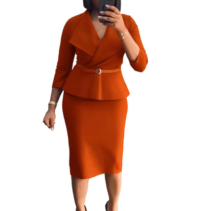Elegant Office Dresses for Woman V Neck Full Sleeve Belt Waisted Sheath Package Hips Mid Calf Formal Business Work Wear Gowns OL