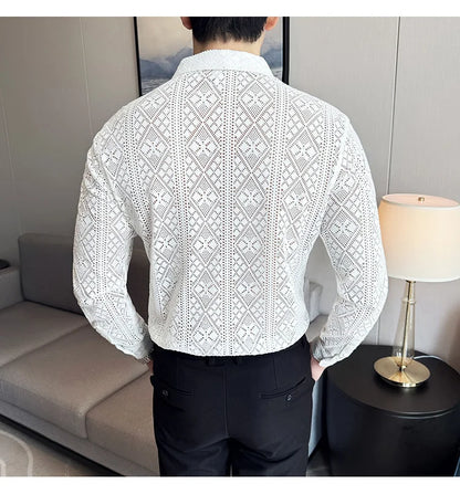 Quality Hollow Shirts For Men Korean Luxury Clothing Fashion Sexy Lace Men's Social Shirt Dress Slim Fit Long Sleeve Prom Tuxedo