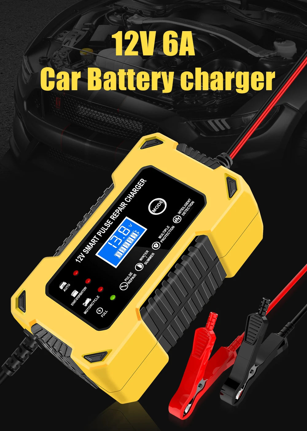 Car Battery Charger, 12V 6A Automatic Intelligent Storage Battery Maintainer Trickle Charger Suitable for Cars, Trucks, Suvs, Mo