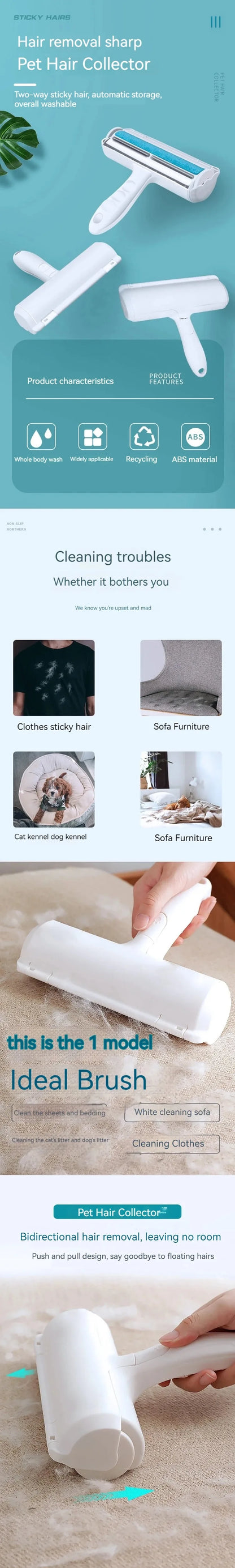 Portability Roller Pet Hair Remover 2-Way Reusable Lint Brush Plastics Furniture Dog and Cat Surface Hair Removal Tool