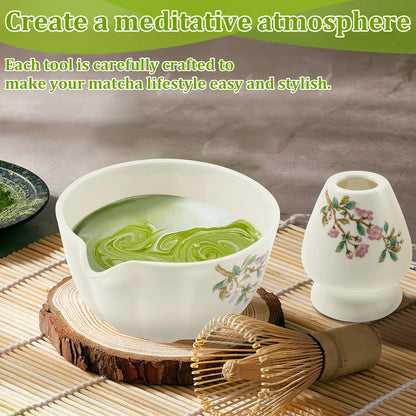 Matcha Whisk and Bowls Kit with Whisk Holder Scoop and Sifter Japanese Style Matcha Making Set Teaset Giftbox for Tea lovers