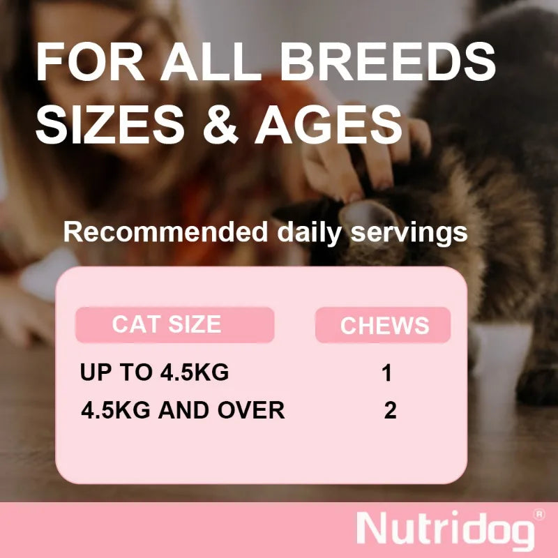 Skin & Coat Cat Chews - Omega 3, Vitamin E, Biotin Supplements for Healthy Skin, Glossy Coat & Anti - Shedding, Salmon Flavor