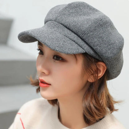 Women's Hat Autumn Warm Octagonal Hat Woolen Cloth Casual Beret Cap Solid Artist Painter Newsboy Hat Men Cap Boina