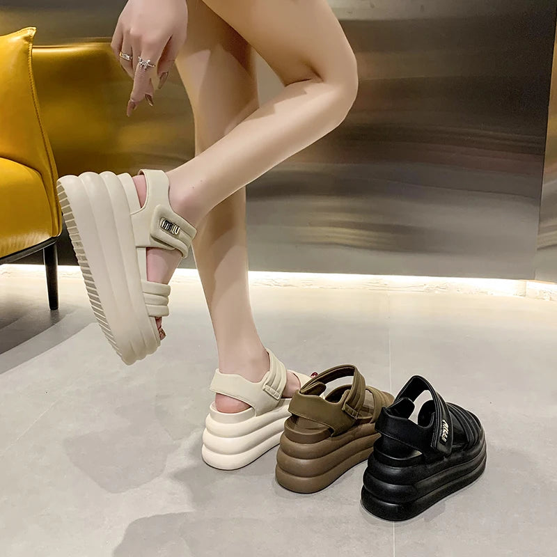 2025 Summer Women Chunky Sandals Leather High Platform Trainers Breathable Casual Slippers Shoes Woman 8.5CM Heels Wedge Sneaker