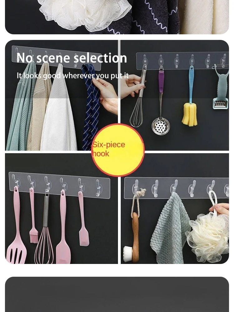 Transparent 6 Row Hooks No Trace Strong Hooks Sticky Rear Row Hooks for Hanging Towels Clothes and Coats Bathroom Accessories