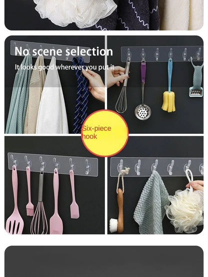 Transparent 6 Row Hooks No Trace Strong Hooks Sticky Rear Row Hooks for Hanging Towels Clothes and Coats Bathroom Accessories